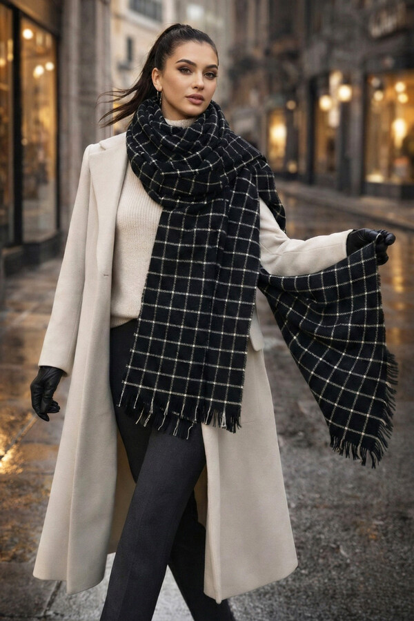 Kare Desenli Atkı Omuz Şalı 70X180 cm 1207 Siyah - Thumbnail