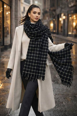 Remsa - Kare Desenli Atkı Omuz Şalı 70X180 cm 1207 Siyah (1)