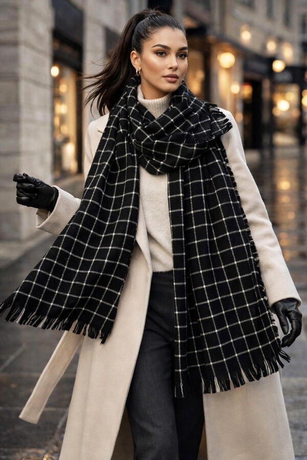 Kare Desenli Atkı Omuz Şalı 70X180 cm 1207 Siyah - Thumbnail