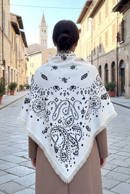 Remsa - Kaşmir Örgü Desenli Kare Omuz Şalı 108x108 cm 1300 Ekru (1)