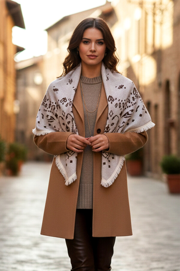 Kaşmir Örgü Desenli Kare Omuz Şalı 108x108 cm 1300 Ekru01 - Thumbnail