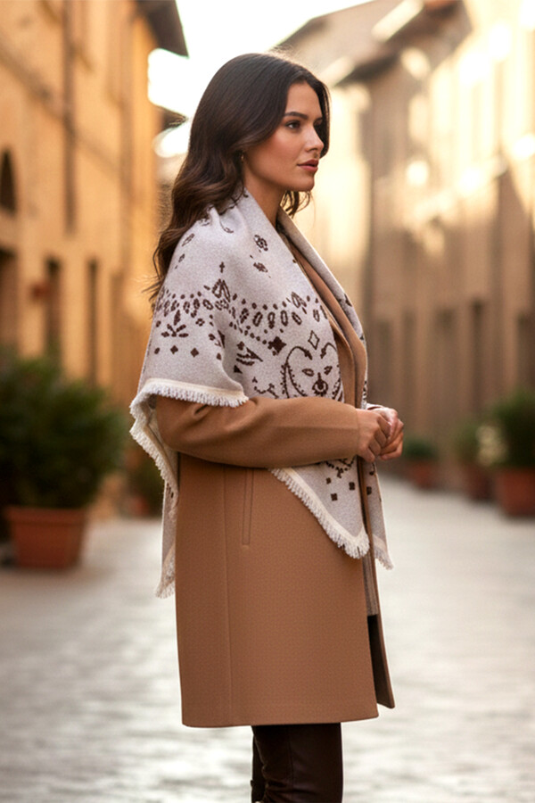 Kaşmir Örgü Desenli Kare Omuz Şalı 108x108 cm 1300 Ekru01 - Thumbnail