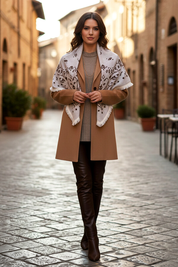 Kaşmir Örgü Desenli Kare Omuz Şalı 108x108 cm 1300 Ekru01 - Thumbnail