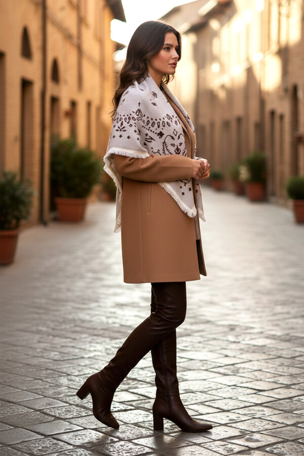 Kaşmir Örgü Desenli Kare Omuz Şalı 108x108 cm 1300 Ekru01 - Thumbnail