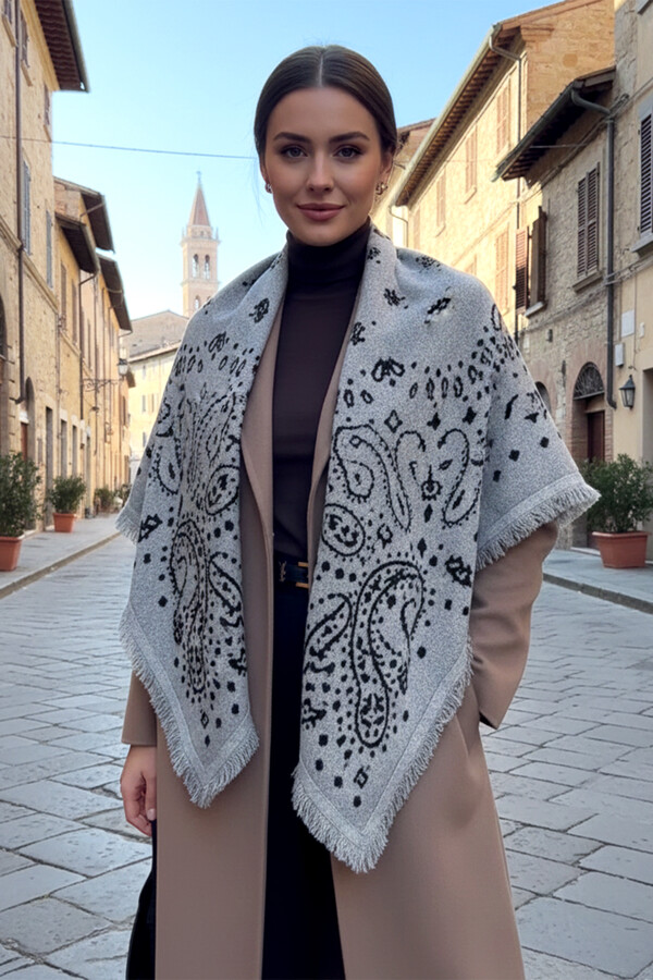 Kaşmir Örgü Desenli Kare Omuz Şalı 108x108 cm 1300 Gri - Thumbnail