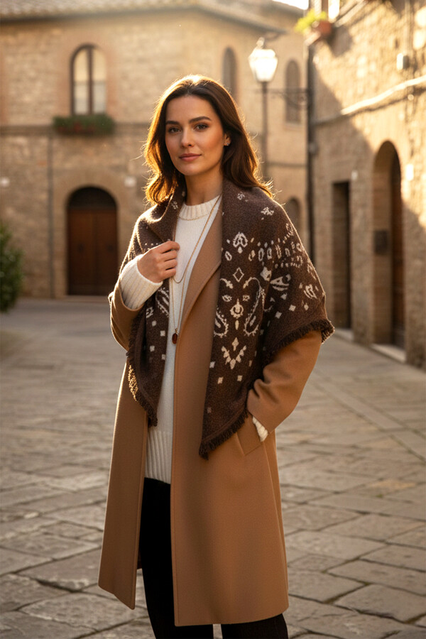 Kaşmir Örgü Desenli Kare Omuz Şalı 108x108 cm 1300 Kahverengi - Thumbnail