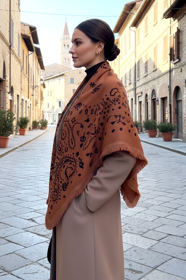 Remsa - Kaşmir Örgü Desenli Kare Omuz Şalı 108x108 cm 1300 Kiremit (1)