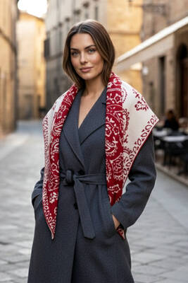 Remsa - Kaşmir Örgü Desenli Üçgen Omuz Şalı 70X155 cm 1301 Kırmızı