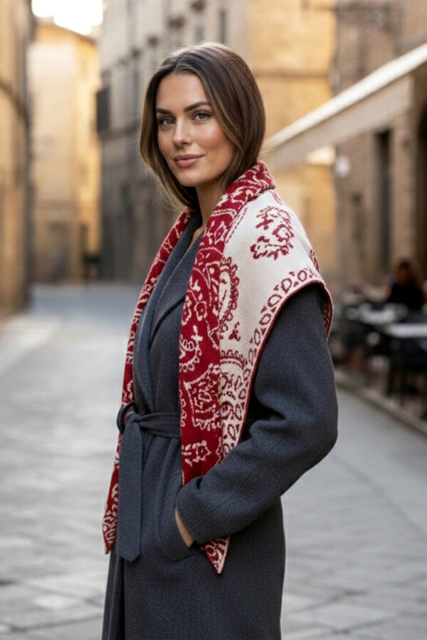 Kaşmir Örgü Desenli Üçgen Omuz Şalı 70X155 cm 1301 Kırmızı - Thumbnail