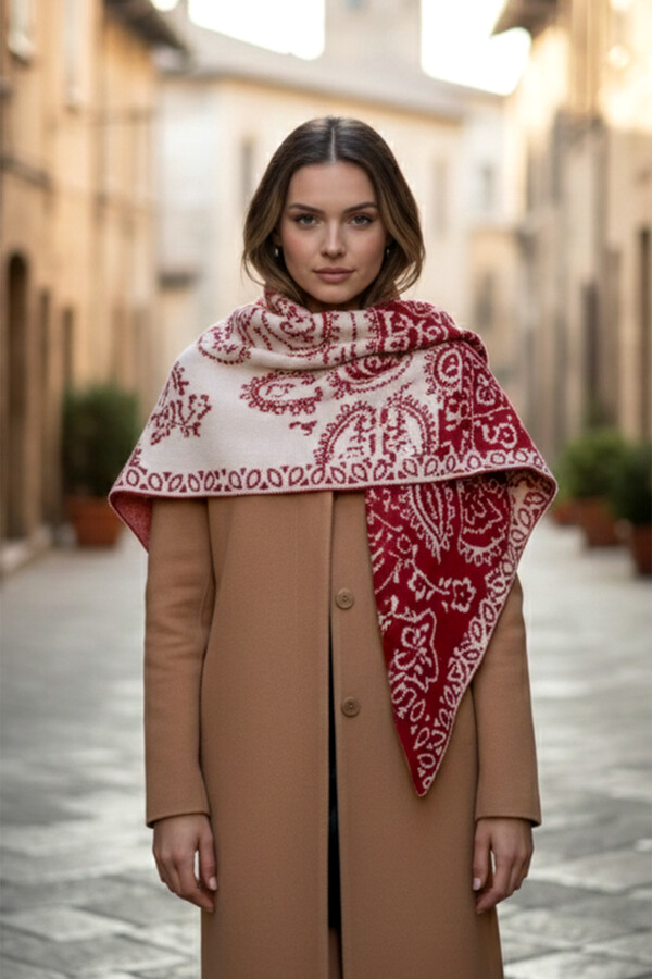 Kaşmir Örgü Desenli Üçgen Omuz Şalı 70X155 cm 1301 Kırmızı - Thumbnail