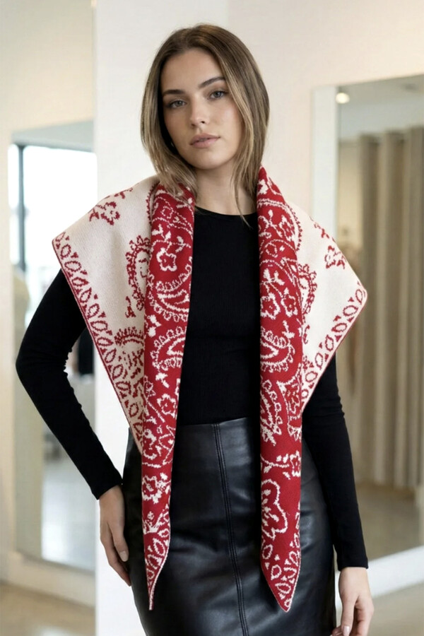 Kaşmir Örgü Desenli Üçgen Omuz Şalı 70X155 cm 1301 Kırmızı - Thumbnail