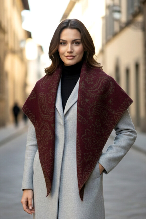 Kaşmir Örgü Desenli Üçgen Omuz Şalı 70X155 cm 1301 Mürdüm - Thumbnail