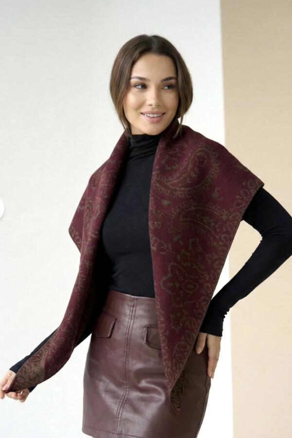 Kaşmir Örgü Desenli Üçgen Omuz Şalı 70X155 cm 1301 Mürdüm - Thumbnail