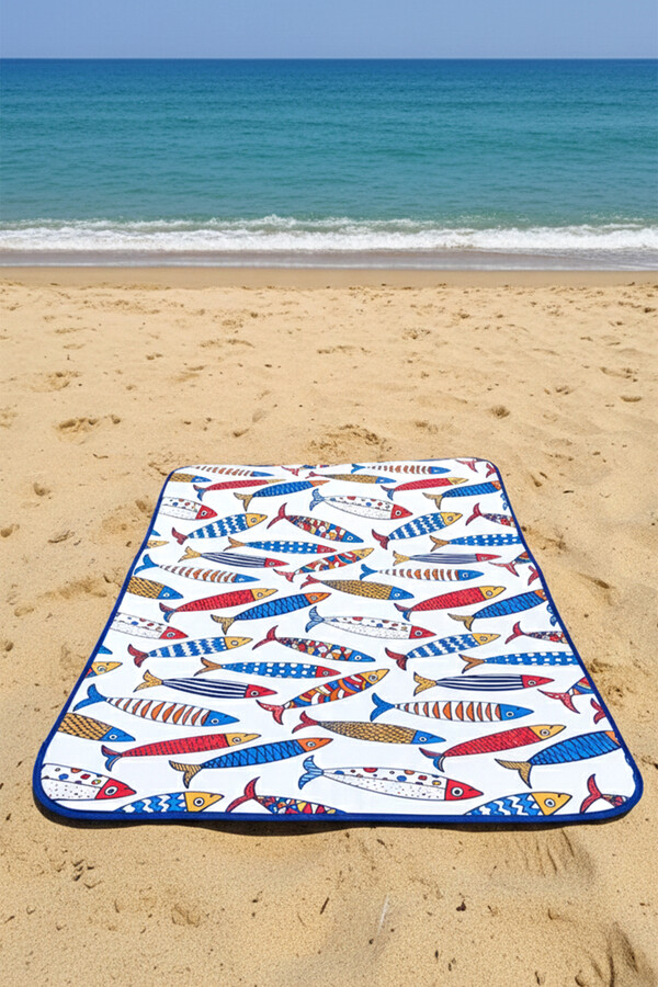 Katlanabilir Su Geçirmez Plaj Halısı Kamp Bahçe Balkon Matı 01 Balık - Thumbnail