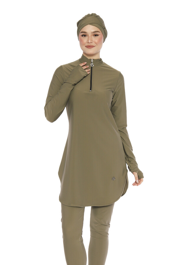 Khaki Full Cover Modest Swimsuit Set with Lycra Stretch - Thumbnail