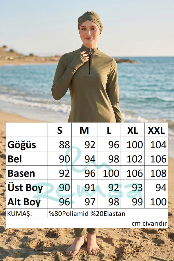Khaki Full Cover Modest Swimsuit Set with Lycra Stretch - Thumbnail