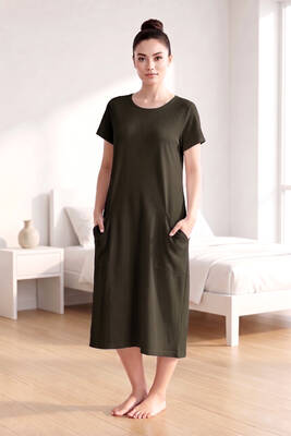 Remsa - Khaki Short Sleeve Pocket Detail Viscose Pajama Dress