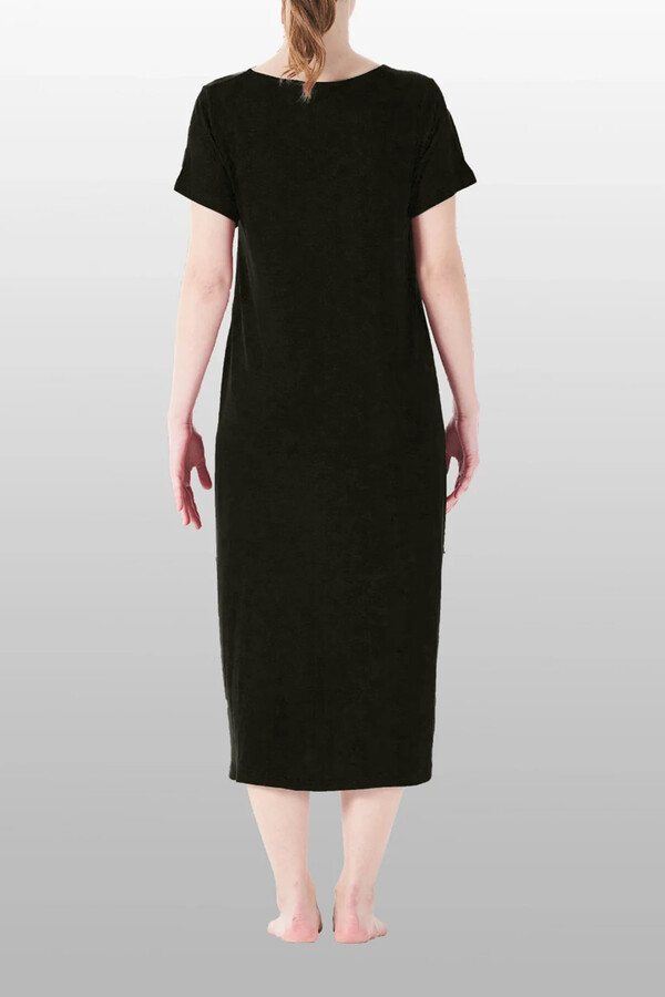 Khaki Short Sleeve Pocket Detail Viscose Pajama Dress - Thumbnail