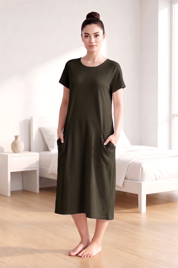 Khaki Short Sleeve Pocket Detail Viscose Pajama Dress - Thumbnail