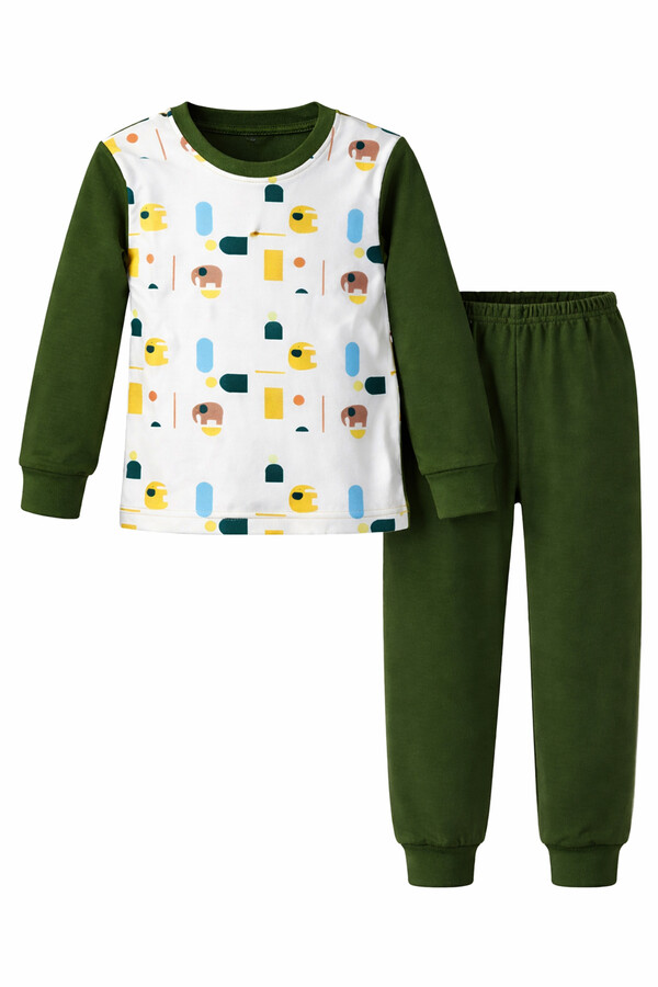 Kids Cotton Patterned Pajama Set 6068-03 Aci Green - Thumbnail