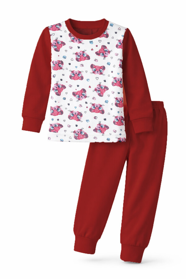 Cotton Patterned Pajama Set 6068-23 Burgundy - Thumbnail