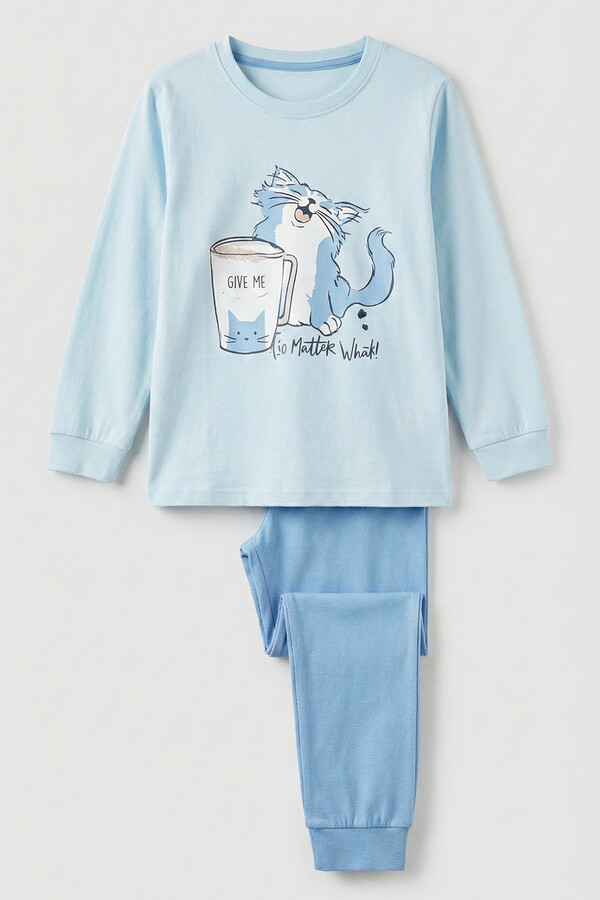 Cotton Patterned Pajama Set 8411 Baby Blue - Thumbnail