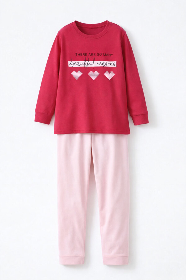 Kids Cotton Patterned Pajama Set 8412 Fuchsia02 - Thumbnail