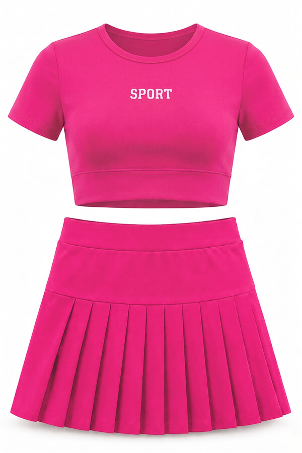 Kısa Kol Üst Şortlu Etekli Kız Çocuk Yüzücü Mayo 26604 Neon Pembe - Thumbnail