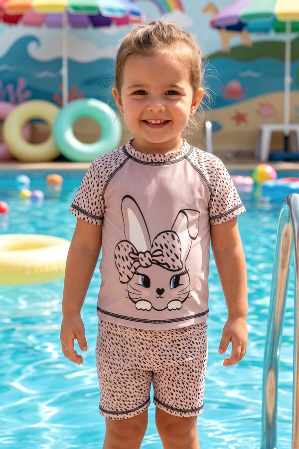 Kısa Kol Üst ve Alt İki Parça Kız Çocuk Bebek Yüzücü Mayo 4417 Pembe - Thumbnail