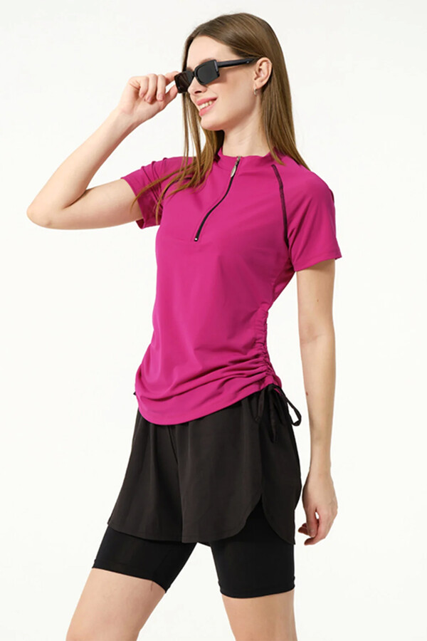 Kısa Kol Yarım Fermuarlı Şortlu Taytlı Yarı Kapalı Mayo 24156 Fuşya - Thumbnail