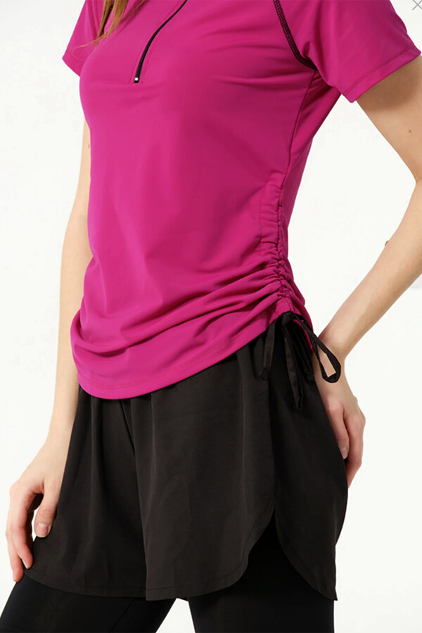 Kısa Kol Yarım Fermuarlı Şortlu Taytlı Yarı Kapalı Mayo 24156 Fuşya - Thumbnail