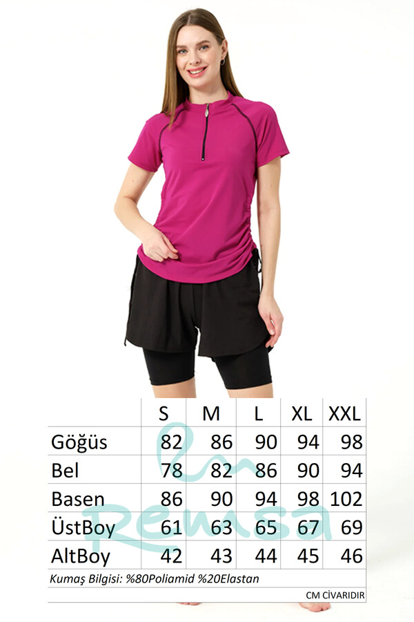 Kısa Kol Yarım Fermuarlı Şortlu Taytlı Yarı Kapalı Mayo 24156 Fuşya - Thumbnail