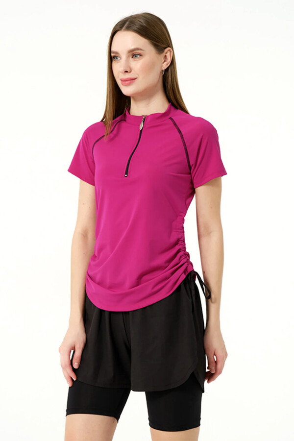 Kısa Kol Yarım Fermuarlı Şortlu Taytlı Yarı Kapalı Mayo 24156 Fuşya - Thumbnail