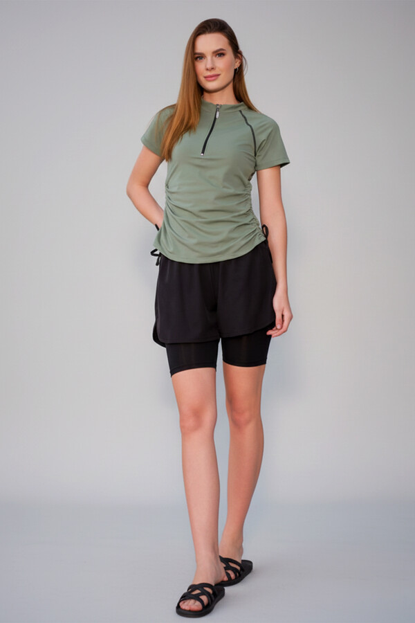 Kısa Kol Yarım Fermuarlı Şortlu Taytlı Yarı Kapalı Mayo 24156 Haki Yeşil - Thumbnail