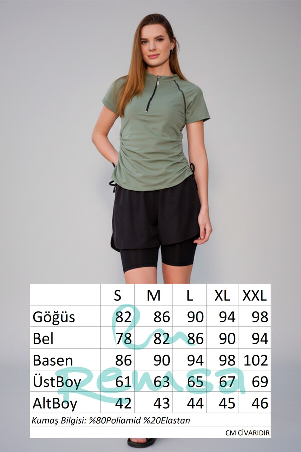 Kısa Kol Yarım Fermuarlı Şortlu Taytlı Yarı Kapalı Mayo 24156 Haki Yeşil - Thumbnail