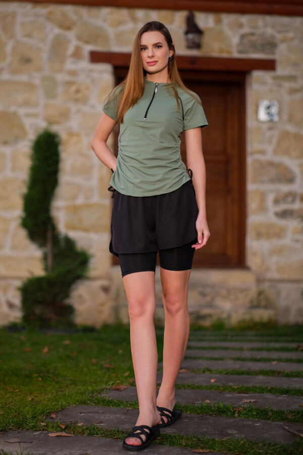 Kısa Kol Yarım Fermuarlı Şortlu Taytlı Yarı Kapalı Mayo 24156 Haki Yeşil - Thumbnail