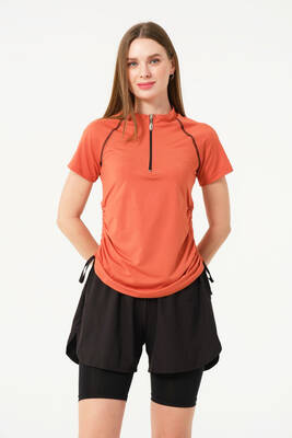 Haliç Mayo - Kısa Kol Yarım Fermuarlı Şortlu Taytlı Yarı Kapalı Mayo 24156 Kiremit