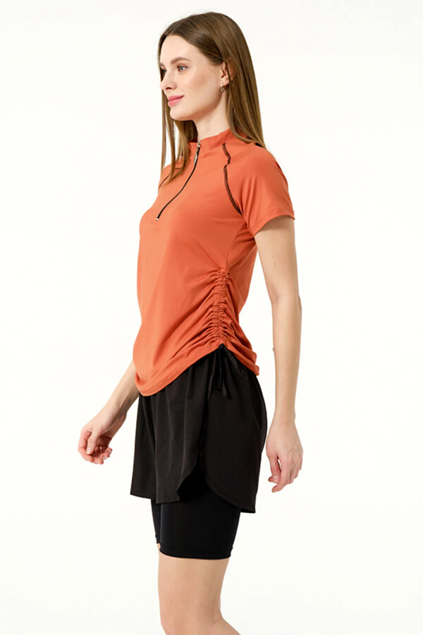 Kısa Kol Yarım Fermuarlı Şortlu Taytlı Yarı Kapalı Mayo 24156 Kiremit - Thumbnail