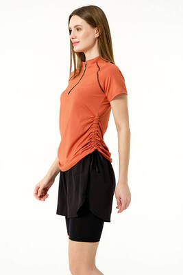 Haliç Mayo - Kısa Kol Yarım Fermuarlı Şortlu Taytlı Yarı Kapalı Mayo 24156 Kiremit (1)