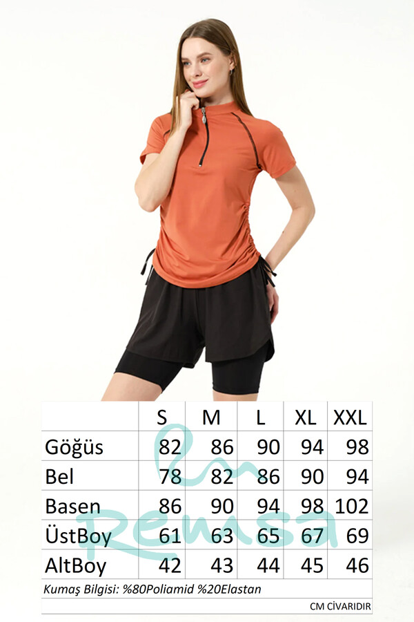 Kısa Kol Yarım Fermuarlı Şortlu Taytlı Yarı Kapalı Mayo 24156 Kiremit - Thumbnail