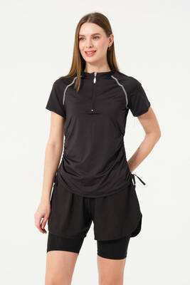 Haliç Mayo - Kısa Kol Yarım Fermuarlı Şortlu Taytlı Yarı Kapalı Mayo 24156 Siyah02