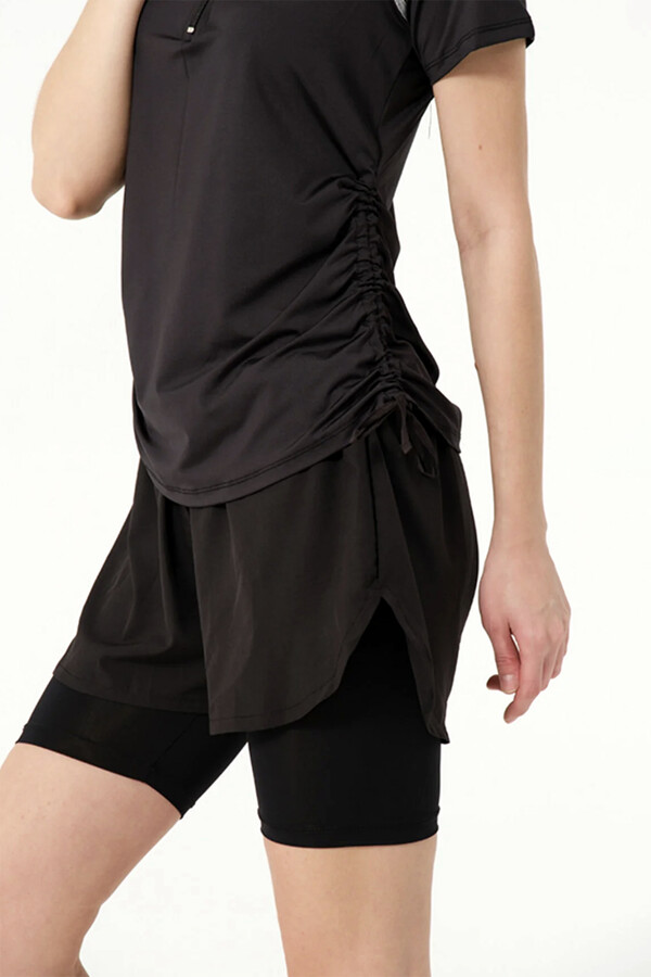 Kısa Kol Yarım Fermuarlı Şortlu Taytlı Yarı Kapalı Mayo 24156 Siyah02 - Thumbnail