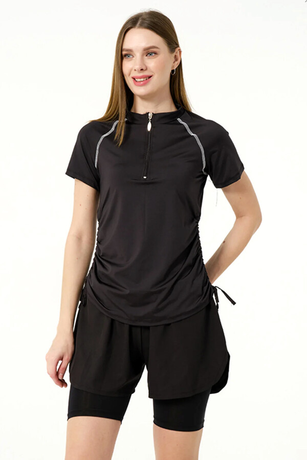 Kısa Kol Yarım Fermuarlı Şortlu Taytlı Yarı Kapalı Mayo 24156 Siyah02 - Thumbnail