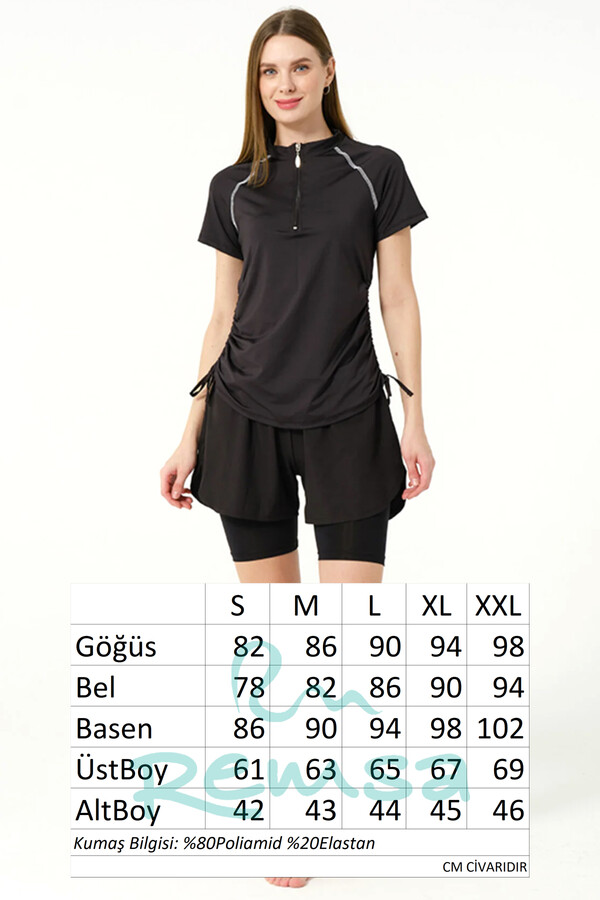 Kısa Kol Yarım Fermuarlı Şortlu Taytlı Yarı Kapalı Mayo 24156 Siyah02 - Thumbnail