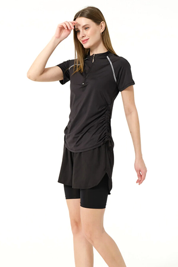 Kısa Kol Yarım Fermuarlı Şortlu Taytlı Yarı Kapalı Mayo 24156 Siyah02 - Thumbnail