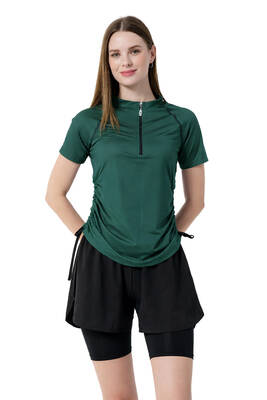 Haliç Mayo - Kısa Kol Yarım Fermuarlı Şortlu Taytlı Yarı Kapalı Mayo 24156 Zümrüt Yeşil