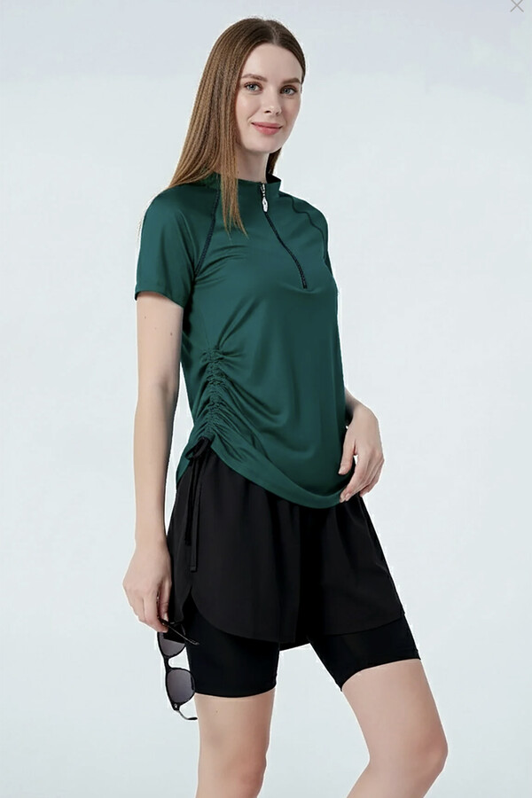 Haliç Mayo - Kısa Kol Yarım Fermuarlı Şortlu Taytlı Yarı Kapalı Mayo 24156 Zümrüt Yeşil (1)