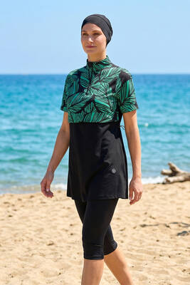 Haliç Mayo - Kısa Kollu Spor Likralı Yarı Kapalı Mayo 6567 Siyah