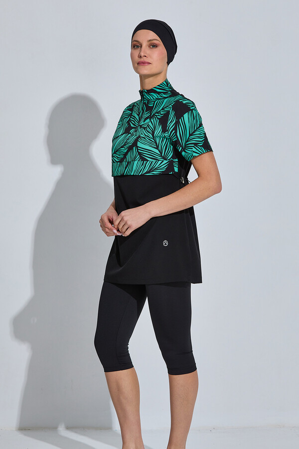 Kısa Kollu Spor Likralı Yarı Kapalı Mayo 6567 Siyah - Thumbnail