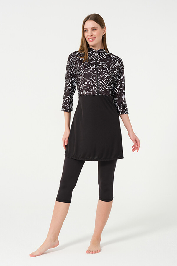 Kısa Kollu Taytlı Likralı Truvakar Kol Yarı Kapalı Mayo 2311 Siyah - Thumbnail